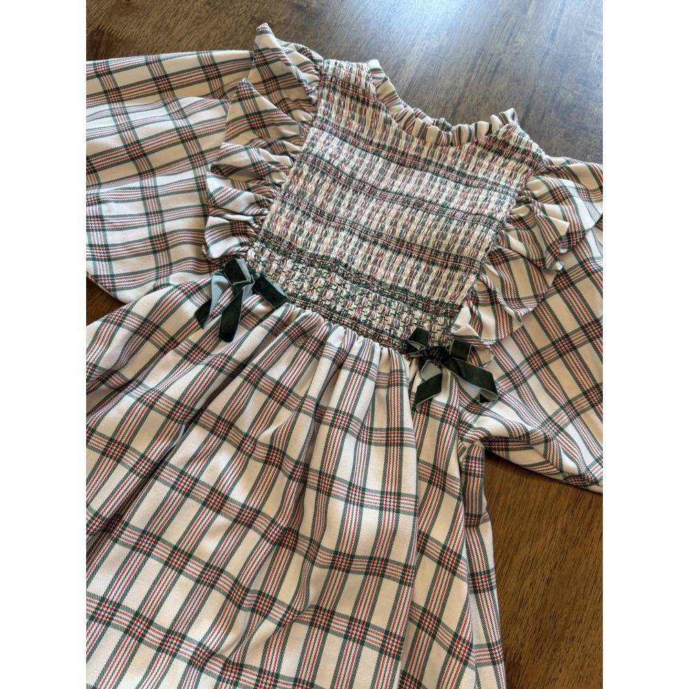 Bonnie Jean Girls Christmas Holiday Plaid Smocked Dress Size 12 Cream Green Bows